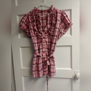 Plaid ruffle front short sleeved button up